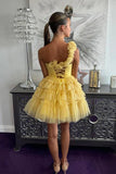 Cute Yellow One-shoulder Tiered Ruffle Design A-line Short Homecoming Dress HZ1024