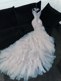 Shiny Beaded White Sweetheart Tulle Sequin Design Elegant Mermaid Floor-length Wedding Dress HZ1024