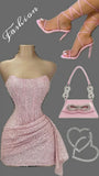 Chic Shiny Pink Sequin Homecoming Dress Strapless Party Dress Short Sheath Cocktail Dress HZ1024