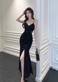 Vintage Elegant Black V-neck Black Design A-Line Sleeveless Strap Dress HZ1024