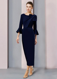 Elegant Navy Blue Sheath Bell Sleeve Mother of Bride Dress Scoop Neck Evening Gown Ankle Length Formal Dress HZ1024