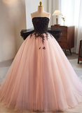 Pretty Pink and Black Ball Gown Tulle with Lace Formal Dress, Pink Sweet 16 Dresses HZ1024