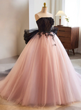 Pretty Pink and Black Ball Gown Tulle with Lace Formal Dress, Pink Sweet 16 Dresses HZ1024