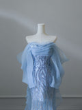 Blue A-line Strapless Beaded Tulle Elegant Long Evening Gowns HZ1024
