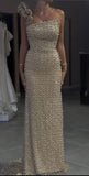 Ivory One Shoulder Pearl Bodycon Long Ball Gown HZ1024