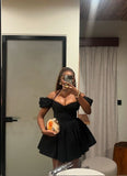 Classic Black Off Shoulder Halter Neck A-Line Mini Party Dress Homecoming Dress HZ1024
