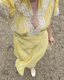 Elegant Yellow Short Sleeve Lace Trim Low Neck Long Prom Dress HZ1024
