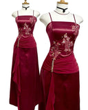 Vintage wine red suspender satin sequin A-line prom dress evening dress HZ1024