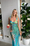 Chic Mermaid Print Sleeveless Long Prom Dress Evening Dress HZ1024