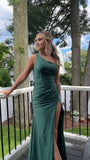 Simple One Shoulder Green Satin High Slit Mermaid Prom Dress Bridesmaid Dress HZ1024