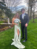 Simple one-shoulder green satin slit floor-length prom dress bridesmaid dress HZ1024