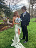 Simple one-shoulder green satin slit floor-length prom dress bridesmaid dress HZ1024