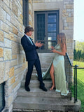 Simple one-shoulder green satin slit floor-length prom dress bridesmaid dress HZ1024