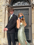 Simple one-shoulder green satin slit floor-length prom dress bridesmaid dress HZ1024