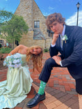 Simple one-shoulder green satin slit floor-length prom dress bridesmaid dress HZ1024