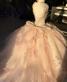 Sweet Pink Shoulder Strap Sequined Bowknot Sweet 16 Quinceanera V-neck Butterfly A-line Tulle Prom Dress Ball Gown HZ1024