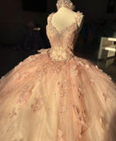 Sweet Pink Shoulder Strap Sequined Bowknot Sweet 16 Quinceanera V-neck Butterfly A-line Tulle Prom Dress Ball Gown HZ1024