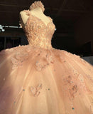 Sweet Pink Shoulder Strap Sequined Bowknot Sweet 16 Quinceanera V-neck Butterfly A-line Tulle Prom Dress Ball Gown HZ1024