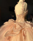 Sweet Pink Shoulder Strap Sequined Bowknot Sweet 16 Quinceanera V-neck Butterfly A-line Tulle Prom Dress Ball Gown HZ1024