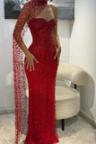 Vintage Red Glittering Beaded Evening Gown Sheath Strapless Sweetheart Party Dress Long Formal Dress HZ1024