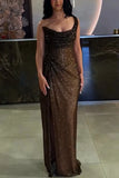 Sexy One Shoulder Black Mermaid Glitter Pleated Slit Long Prom Dresses HZ1024