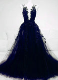 A-line Navy Blue Tulle with Lace Long Evening Dress, Navy Blue Prom Dress HZ1024