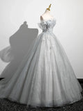 A-Line Off the Shoulder Sparkly Prom Dress, Gray Tulle Corset Floor Length Evening Dress HZ1024
