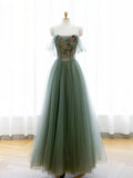 A-Line Green Tulle Long Prom Dress, Off the Shoulder Evening Party Dress HZ1024