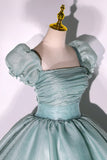 Green Tulle Floor Length Prom Dress, Lovely Short Sleeve Formal Evening Gown HZ1024